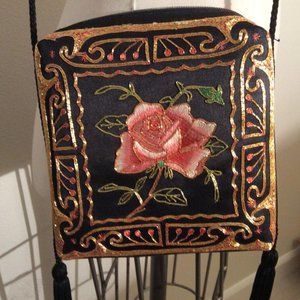 Black Satin NWOT cross body bag with metallic gold embroidery and pink rose